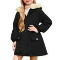 thumbnail image 1 of XUNKUSGA Girls Winter Coats 4-11Years Fashion Zip Up Elastic Waist Winter Jackets for Girls Thicken Fleece Lined Warm Winter Hooded Parka Jacket Soft Long Trench Coat with Pockets Black, 1 of 9