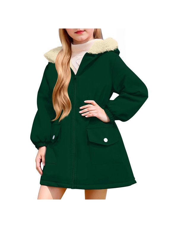 Girls Winter Coats 4-11Years Fashion Zip Up Elastic Waist Winter Jackets for Girls Thicken Fleece Lined Warm Winter Hooded Parka Jacket Soft Long Trench Coat with Pockets Green