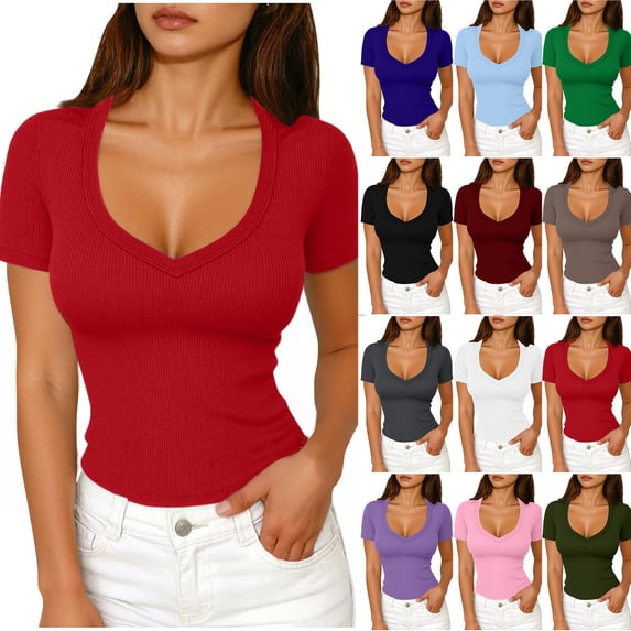 XUNKUSGA Going Out Tops for Women Casual V Neck Ribbed Womens Blouses Soild Color Slim Fit Basic Short Sleeve Womens T Shirts for Summer S-2XL Green