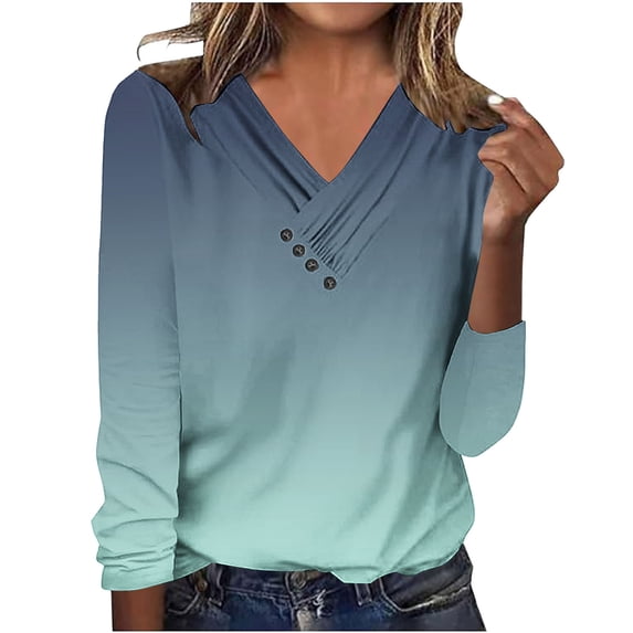XUNKUSGA Going Out Tops Fashion Gradient Color Tops for Women Causal V Neck Button Down Long Sleeve Shirts for Women Soft Breathable Pullover Blouses Skin-Friendly Women's Tops S-2XL Green