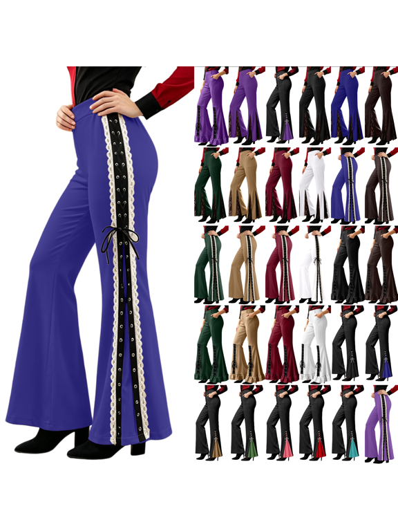 Halloween Pants for Women Elastic High Waisted Flare Pants Vintage Gothic Lace Trim Side Eyelet Ribbon Bow Bell Bottom Long Pants for Dating Vacation Parties S