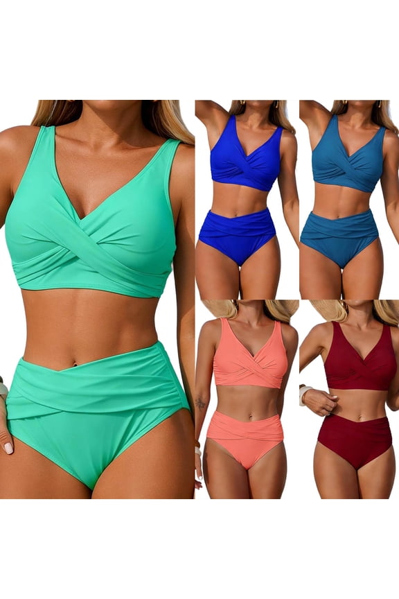 High Waisted Bikini Sets for Women Soild Color V Neck Cross Twist Front Two Piece Womens Bathing Suits Classic Push Up Tummy Control Bathing Suit,Green,S