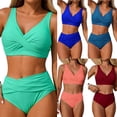 thumbnail image 1 of XUNKUSGA High Waisted Bikini Sets for Women Soild Color V Neck Cross Twist Front Two Piece Womens Bathing Suits Classic Push Up Tummy Control Bathing Suit,Red,S, 1 of 7