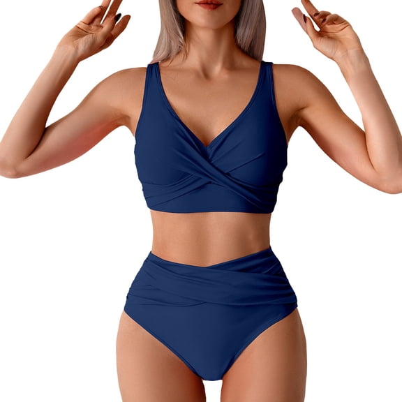 XUNKUSGA High Waisted Bikini Sets for Women V Neck Criss Cross Twist Front Bikini Top and Bikini Underwear Two Piece Swimsuit Casual Tummy Control Swimsuits for Women S-2XL