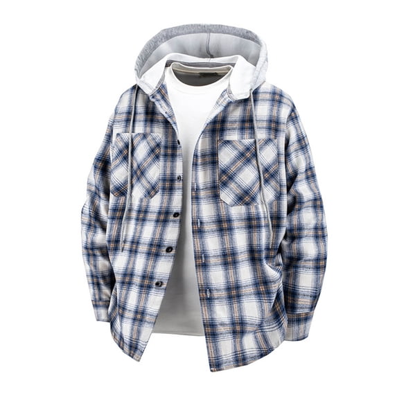 XUNKUSGA Hoodie Shirts for Men Casual Button Down Plaid Mens Shirts Long Sleeve Stylish Jackets for Men with Pocket Loose Relaxed Fit Men's Clothing S-4XL Blue