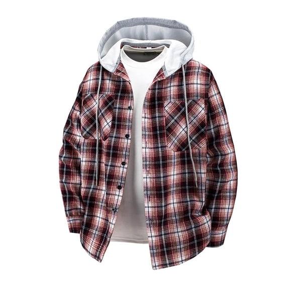 XUNKUSGA Hoodie Shirts for Men Casual Button Down Plaid Mens Shirts Long Sleeve Stylish Jackets for Men with Pocket Loose Relaxed Fit Men's Clothing S-4XL Red