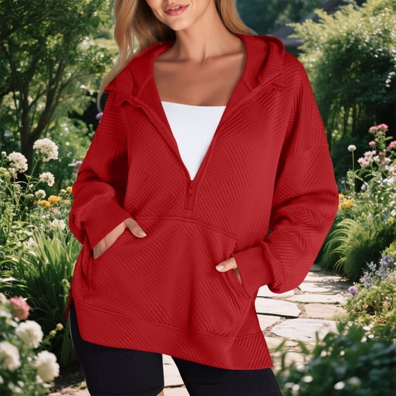 XUNKUSGA Hoodies for Women Fashion Half Zip Casual Plain Hoodies Long Sleeve Textured Hooded Sweatshirt Loose Fall Pullover Hoodies with Pockets S-2XL