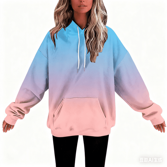 XUNKUSGA Hoodies for Women Fashion Loose Gradient Hooded Sweatshirt Long Sleeve Dstring Pullover Hoodies with Pocket Casual Dropped Shoulder Fall Clothes S-2XL