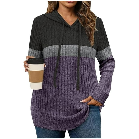 XUNKUSGA Hoodies for Women Fashion Oversized Color Block Knit Hooded Sweatshirt Women Casual Long Sleeve Pullover Hoodies Loose Sweatshirt for Women with Pocket S-2XL Purple