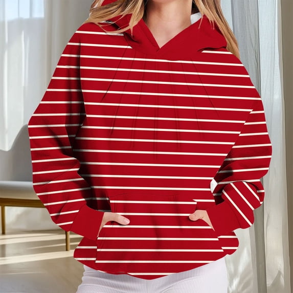 XUNKUSGA Hoodies for Women Striped Casual Pullover Hoodies Pleated Crewneck Pullover Loose Fit Long Sleeve Hooded Sweatshirts with Pocket Fashion Clothing S-3XL