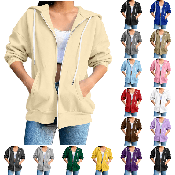 XUNKUSGA Hoodies for Women Lightweight Solid Color 3/4 Sleeve Zip Up Fall Jackets for Women Fashion Casual Hooded Sweatshirt for Women with Slant Pockets XL Beige