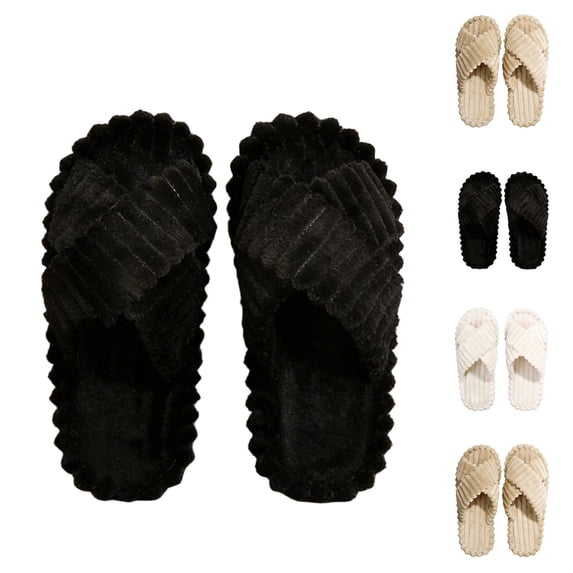 XUNKUSGA House Slippers for Woman Fashion Cross Band Open Toe Womens Slippers with Memory Foam Cozy Slip On Plush House Shoes Indoor Outdoor Slide Slipper Black 6.5