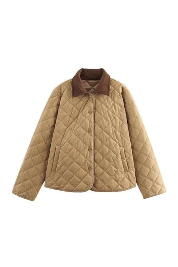 Jacket for Women Loose Leisure Color Block Quilted Field Jacket Classic Casual Winter Coat with Pockets Front Snap Closure Long Sleeve Spread Collar Puffer Jackets S-L Brown