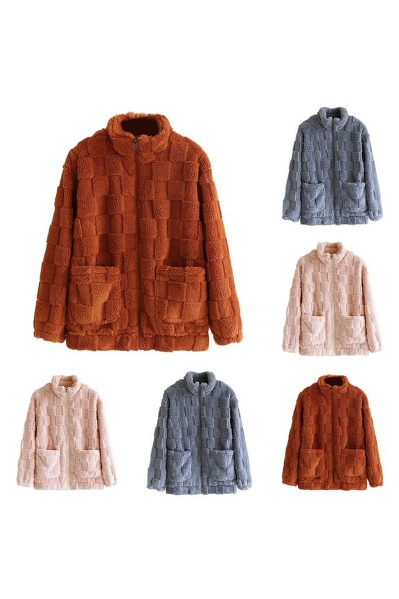 Jacket for Women Soft Solid Color Checkered Fluffy Fuzzy Sweatshirt Jacket Relaxed Long Sleeve Stand Collar Winter Clothing for Women with Pockets M-XL Blue
