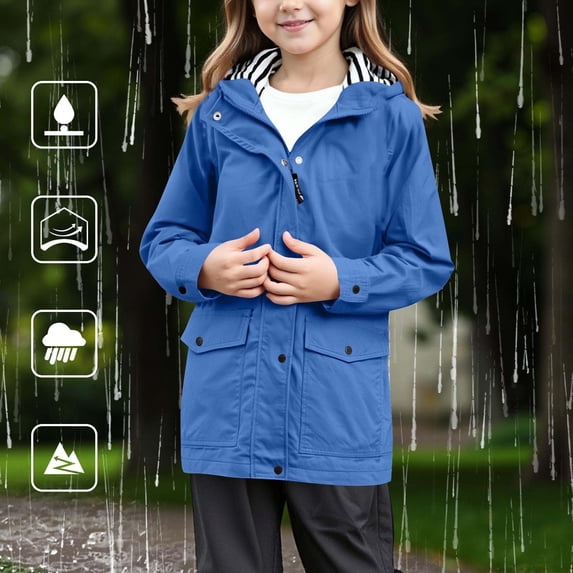XUNKUSGA Jackets for Girls 5-15 Years Solid Color Long Sleeve Zip Up Kids Rain Jacket Waterproof Windproof Rain Jacket with Hood Lightweight Travel Outdoor Raincoat for Girls