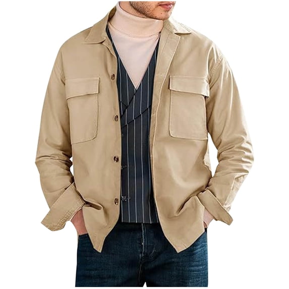 XUNKUSGA Jackets for Men Cotton Casual Outerwear Button Down Long Sleeve Mens Jacket Solid Color Windproof Men's Lightweight Jackets with Flap Pocket S-3XL Brown