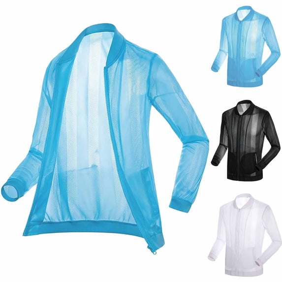 XUNKUSGA Jackets for Men Summer Casual Breathable Mesh Sun Protection Jacket for Training Quick Dry Hollow Out Full-Zip Long Sleeves Bomber Jackets with Pockets,M