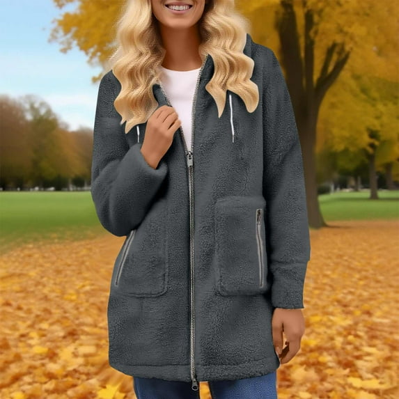 XUNKUSGA Jackets for Women Solid Color Sherpa Fleece Mid-Length Hooded Women Jackets Zip Up Thick Warm Winter Coats for Women Comfortable Casual Outerwear with Zip Pocket S-2XL Gray