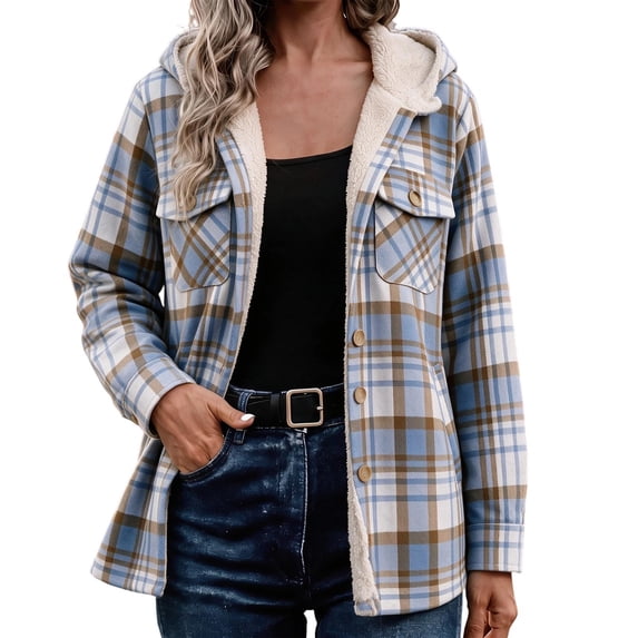 XUNKUSGA Jackets for Women Vintage Plaid Thickened Fleece Lined Hooded Shacket Women Casual Loose Long Sleeve Button Down Flannel Jacket Women Fall Winter Coat with Pockets, Size S