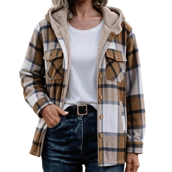 XUNKUSGA Jackets for Women Vintage Plaid Thickened Fleece Lined Hooded Shacket Women Casual Loose Long Sleeve Button Down Flannel Jacket Women Fall Winter Coat with Pockets, Size S