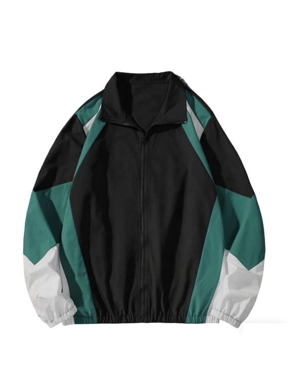 Jackets for Men Fashion Color Block Mens Jacket Full Zip Long Sleeve Windbreaker Jackets 80S Retro Men's Lightweight Jackets S-2XL Green