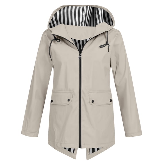 XUNKUSGA Jackets for Women Casual Solid Color Long Sleeve Rain Jacket Women Long Outdoor Waterproof Zipper Raincoat with Pockets and Drawstring