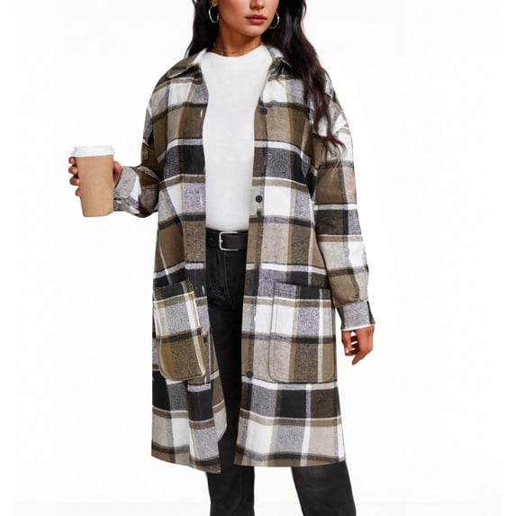 XUNKUSGA Jackets for Women Fashion Plaid Flannel Shackets for Women Long Sleeve Lounge Lapel Button Down Long Women Jackets with Pockets S-2XL Brown