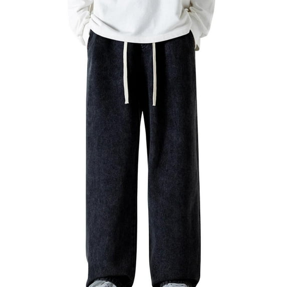 XUNKUSGA Jeans for Men Soild Color Vintage Drawstring Waist Wide Leg Jeans Men Loose Fit Straight Leg Denim Pants Lightweight Casual Carpenter Jeans for Men with Pocket S-3XL Black