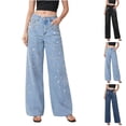 thumbnail image 1 of XUNKUSGA Jeans for Women Fashion Wide Leg Pearl Denim Pants Classic Mid Waisted Straight Leg Baggy Jeans Comfortable Loose Womens Jeans with Pockets,Light Blue,S, 1 of 10