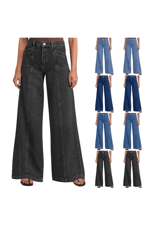 Jeans for Women Vintage Stretchy Straight Leg Wide Leg Front Seam Jeans Women Baggy Soft Comfort Raw Hem Flare Denim Pants with Pockets,Black,XL