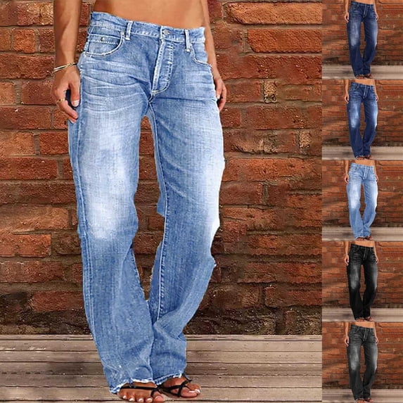 XUNKUSGA Jeans for Women Trendy Vintage Mid Waisted Straight Leg Ripped Hem Womens Jeans Baggy Stretch Loose Denim Pants with Pockets,Blue,M