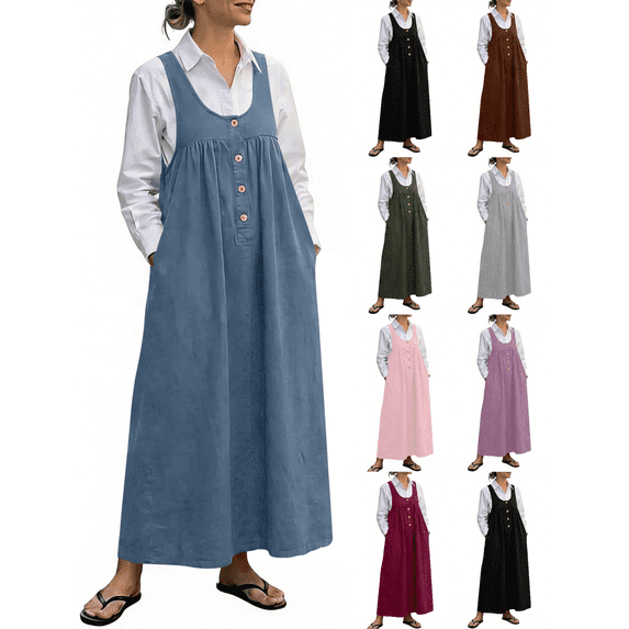 XUNKUSGA Jumper Dress for Women Loose Overall Dress for Women Soild Color Baggy Maxi Length Adjustable Straps Wide Hemline Pinafore Dress with Pockets,Blue,S