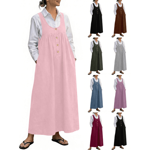 XUNKUSGA Jumper Dress for Women Loose Overall Dress for Women Soild Color Baggy Maxi Length Adjustable Straps Wide Hemline Pinafore Dress with Pockets,Pink,M