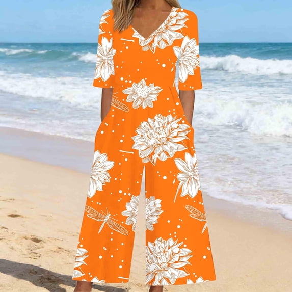 XUNKUSGA Jumpsuits for Women Fashion Boho Print Rompers for Women Summer Trendy V Neck Short Sleeve Wide Leg Pants Womens Rompers with Pockets,Orange,S