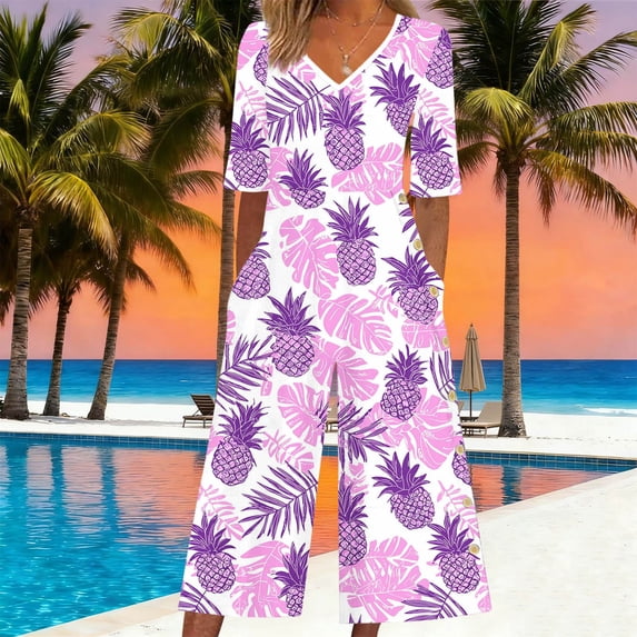 XUNKUSGA Jumpsuits for Women Fashion Boho Print Rompers for Women Summer Trendy V Neck Short Sleeve Wide Leg Pants Womens Rompers with Pockets,Purple,L