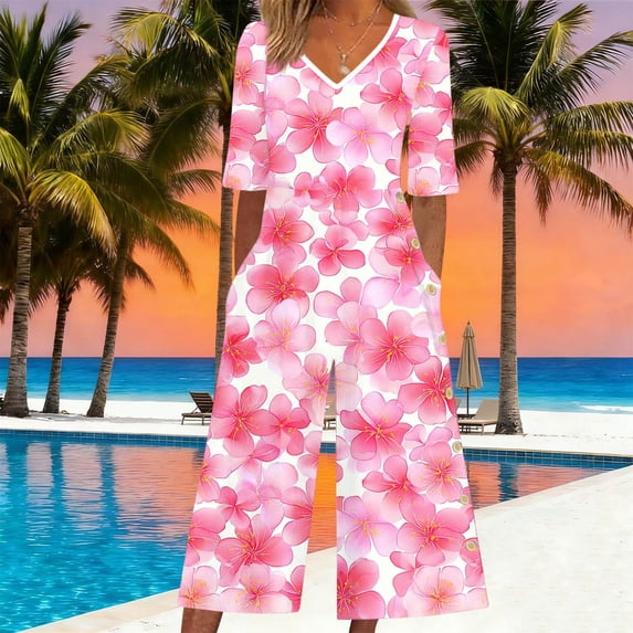 XUNKUSGA Jumpsuits for Women Fashion Boho Print Rompers for Women Summer Trendy V Neck Short Sleeve Wide Leg Pants Womens Rompers with Pockets,Pink,M