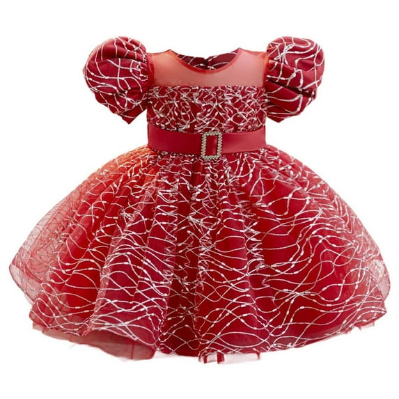 XUNKUSGA Kids Dresses 1-4 Years Fashion Solid Color Princess Dress with Belt Cute Tulle Round Neck Puff Sleeve Dress for Baby Girl Casual Wedding Party Tutu Dresses