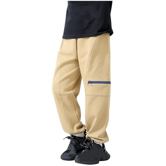 XUNKUSGA Kids Pants Boys Cotton Solid Color Elastic Waist Boys Sweatpants Outdoor Athletic Trousers with Horizontal Side Zipper Pocket