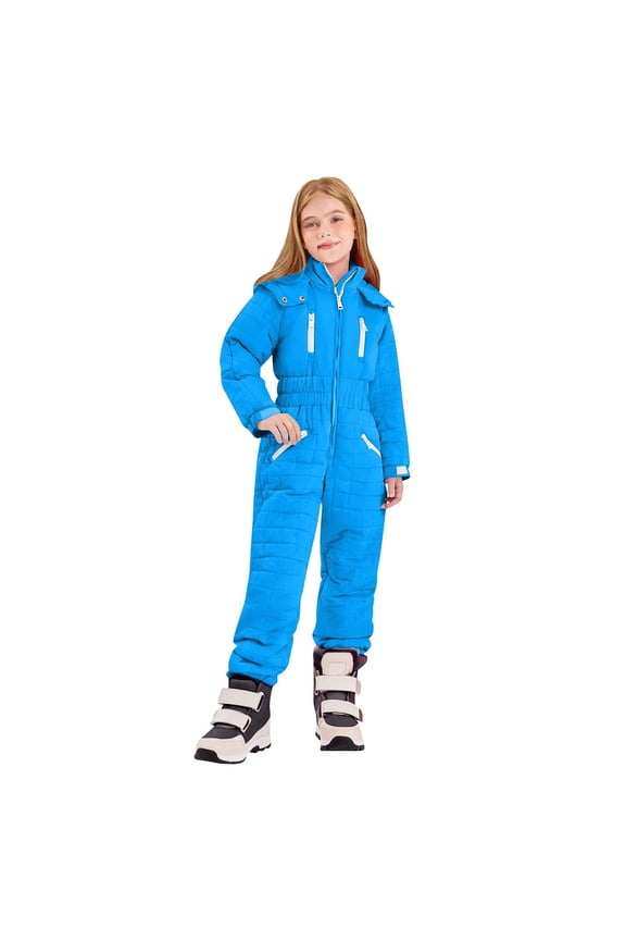 Kids Snow Suit Girls 5-15 Years Solid Color Elastic Waist Waterproof Insulated One Piece Hooded Ski Suit Warm Waterproof Girls Winter Coat Lightweight Snowboarding Jacket for Girls Blue