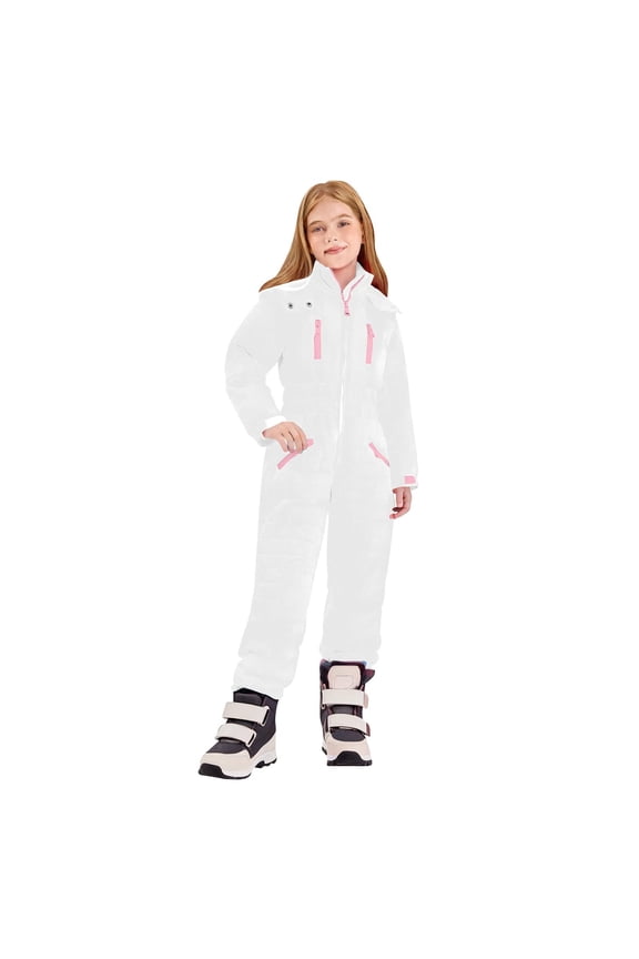 Kids Snow Suit Girls 5-15 Years Solid Color Elastic Waist Waterproof Insulated One Piece Hooded Ski Suit Warm Waterproof Girls Winter Coat Lightweight Snowboarding Jacket for Girls White