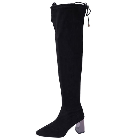XUNKUSGA Over The Knee Boots for Women Classic Stretch Suede Pointed Toe Block Heel Long Boots Fashion Solid Color Slip-On Sock Boots with Drawstring,5.5