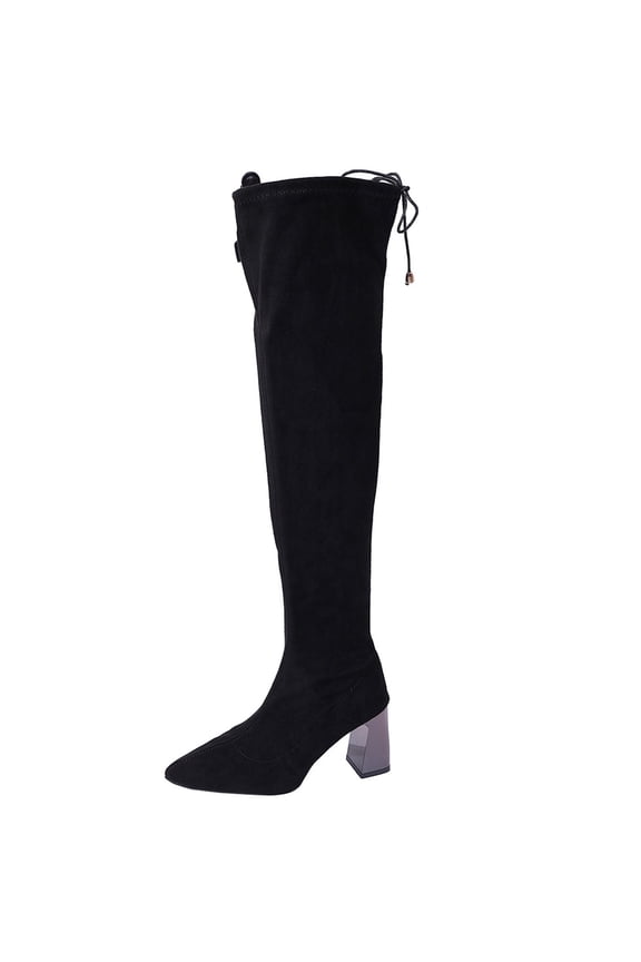 Over The Knee Boots for Women Classic Stretch Suede Pointed Toe Block Heel Long Boots Fashion Solid Color Slip-On Sock Boots with Drawstring,6