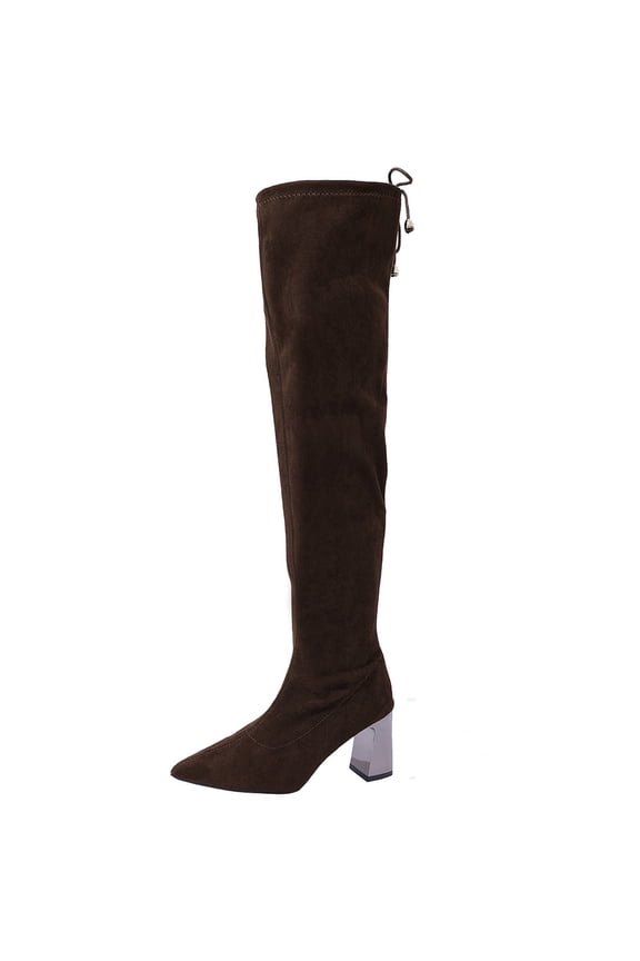 Over The Knee Boots for Women Classic Stretch Suede Pointed Toe Block Heel Long Boots Fashion Solid Color Slip-On Sock Boots with Drawstring,9.5