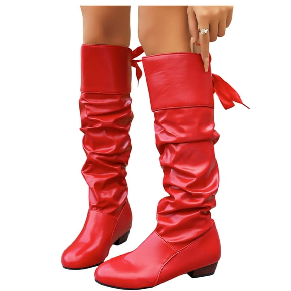 XUNKUSGA Knee High Boots with Bow Fashion Pu Leather Slouch Mid Calf Boots for Women Comfort Casual Round Toe Low Block Heel Pull On Womens Boots Red 9.5