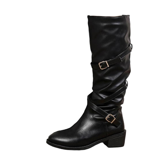 XUNKUSGA Knee High Boots Fashion Solid Color PU Leather Slouchy Riding Boots with Buckle and Inside Zipper Casual Low Heel Round Toe Renaissance Medieval Pirate Tall Boots 5.5