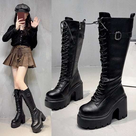 XUNKUSGA Knee High Boots Fashion Wedges High Heel Boots for Women Classic Round Toe Lace Up Thigh High Boots Fashion Side Zip Boots for Women 36-40 Black