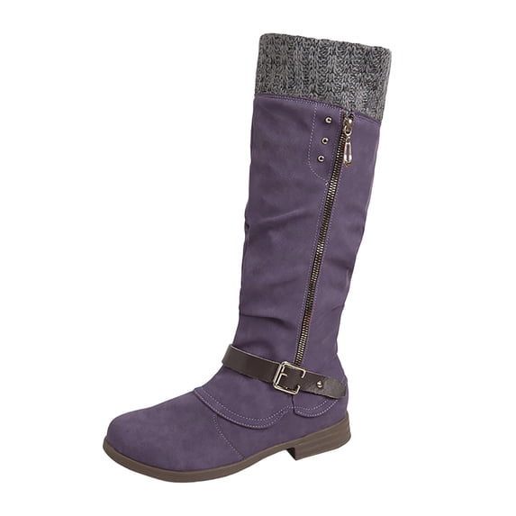XUNKUSGA Knee High Boots Vintage Slouch Tall Knit Cuff Boots for Women Fashion Side Metal Zipper Buckle Strap Round Toe Low Block Heel Cowboy Boots for Fall Winter Purple 5.5