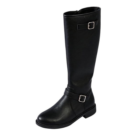 XUNKUSGA Knee High Boots with Side Zipper Comfortable Round Toe Low Heel Riding Boots for Women Classic Vintage Solid Color Buckle Long Boots,5.5