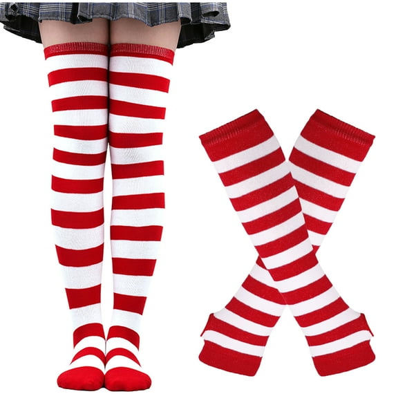 XUNKUSGA Knee High Socks for Women Striped Fashion Colored Womens Socks Non Slip Thigh Long Tube Sock with Long Gloves Knitted Fake Sleeves Set for Halloween Red