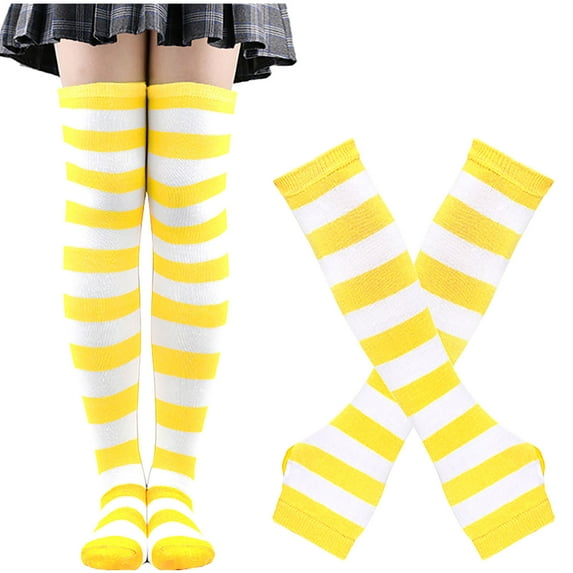 XUNKUSGA Knee High Socks for Women Striped Fashion Colored Womens Socks Non Slip Thigh Long Tube Sock with Long Gloves Knitted Fake Sleeves Set for Halloween Yellow